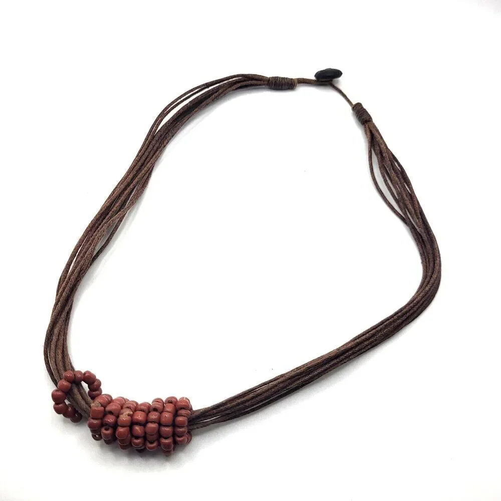 Bohemian Artisan Brown Multilayer Brown Corded Beaded Necklace 18in